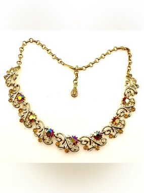 Vintage Coro Gold Tone Aurora Borealis Rhinestone Necklace Scroll Floral MCM